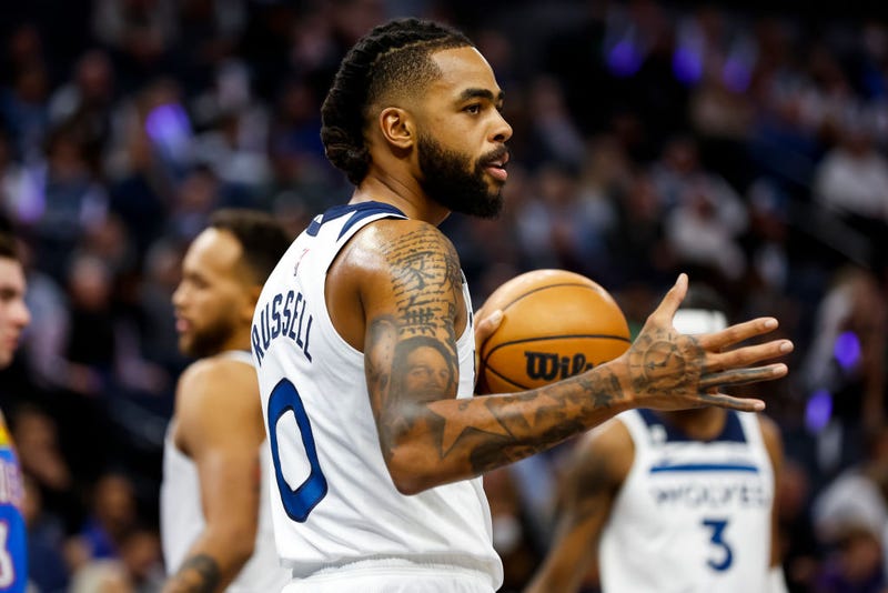 D'Angelo Russell #0 of the Minnesota Timberwolves looks on against the Oklahoma City Thunder in the first quarter of the game at Target Center on October 19, 2022 in Minneapolis, Minnesota. The Timberwolves defeated the Thunder 115-108.