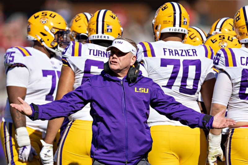 LSU head coach Brian Kelly reacts to a call as the Tigers face Arkansas.