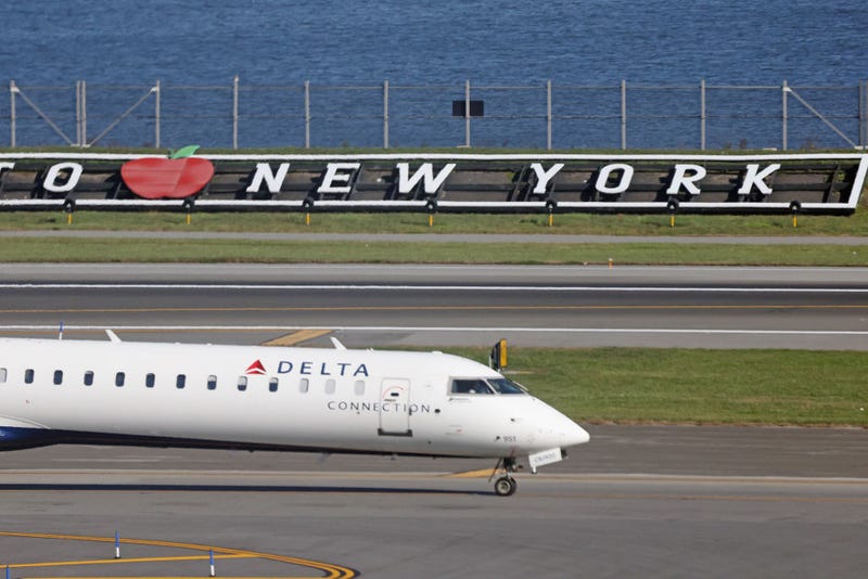 A Delta Airlines jet moves along the runway at Laguardia AIrport on Nov. 10, 2022 in the Queens borough of New York City.