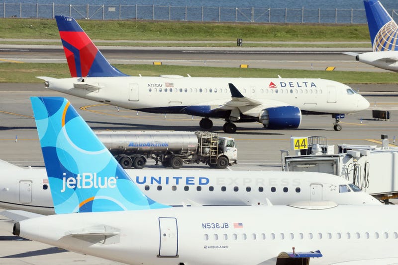 Airplanes from Delta, United and JetBlue populate the taxiway at Laguardia Airport on November 10, 2022 in the Queens borough of New York City.