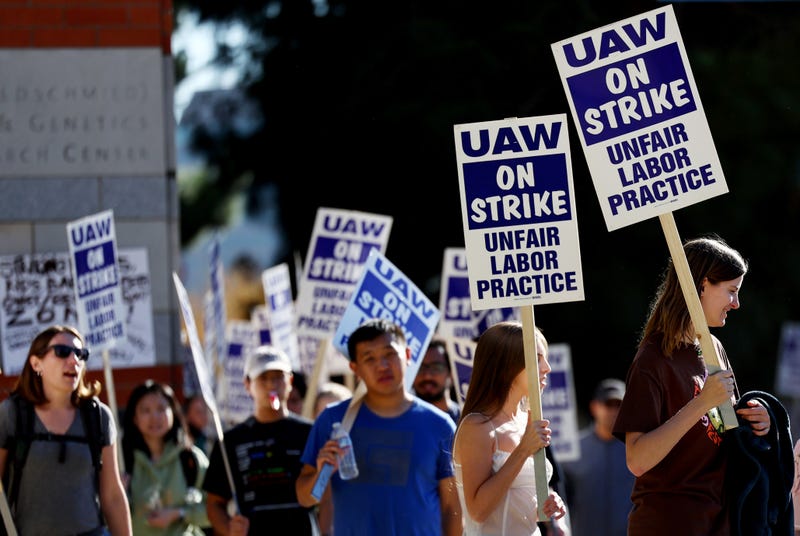 Union academic workers and supporters march and picket at the UCLA campus amid a statewide strike by nearly 48,000 University of California unionized workers on November 15, 2022 in Los Angeles, California.