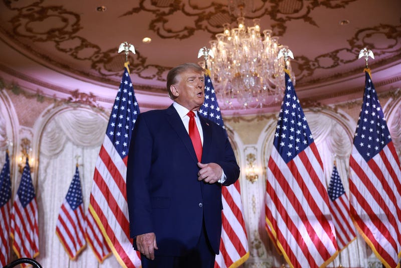 Former U.S. President Donald Trump arrives on stage to speak during an event at his Mar-a-Lago home