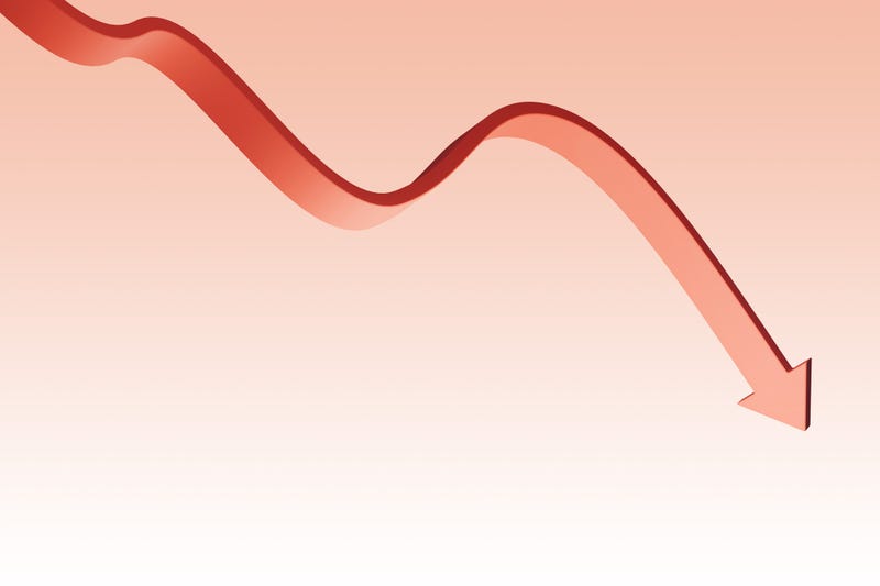Red-arrow ribbon pointing down stock concept image.