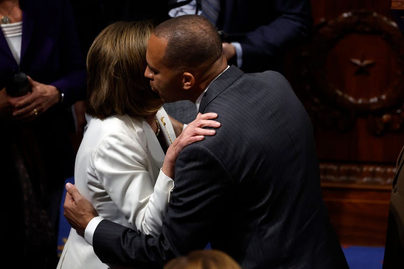 U.S. Speaker of the Nancy Pelosi (D-CA) hugs House Democratic Conference Chairman Rep. Hakeem Jeffries (D-NY) after Pelosi delivered remarks from the House Chambers of the U.S. Capitol Building on November 17, 2022 in Washington, DC.