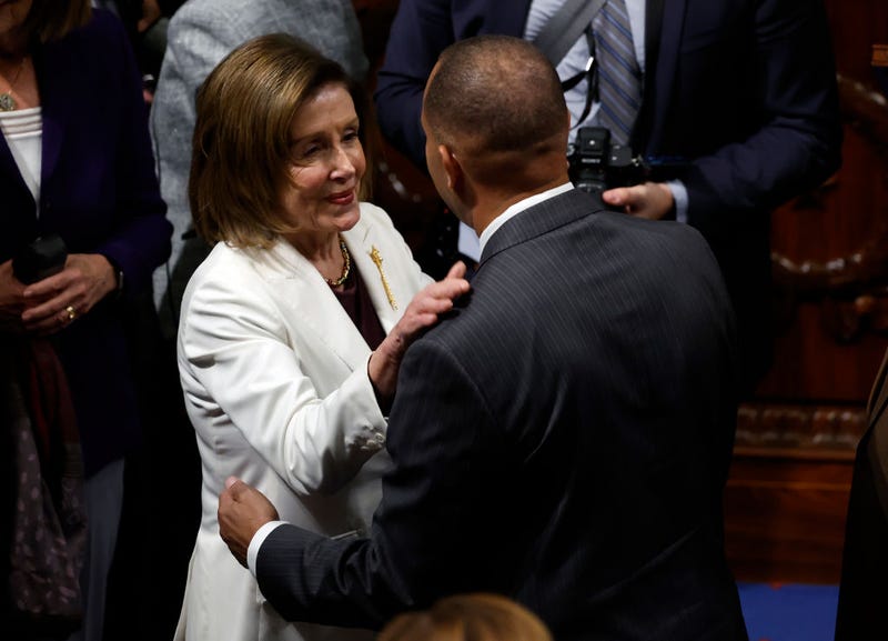 U.S. Speaker of the Nancy Pelosi (D-CA) talks to House Democratic Conference Chairman Rep. Hakeem Jeffries (D-NY) after Pelosi delivered remarks from the House Chambers of the U.S. Capitol Building on November 17, 2022 in Washington, DC. 
