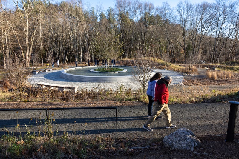 People visit the newly-opened Sandy Hook Permanent Memorial on Nov. 20, 2022 in Newtown, Connecticut