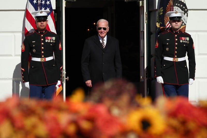 U.S. President Joe Biden arrives for the pardoning of the National Thanksgiving Turkeys Chocolate and Chip on the South Lawn of the White House November 21, 2022 in Washington, DC.