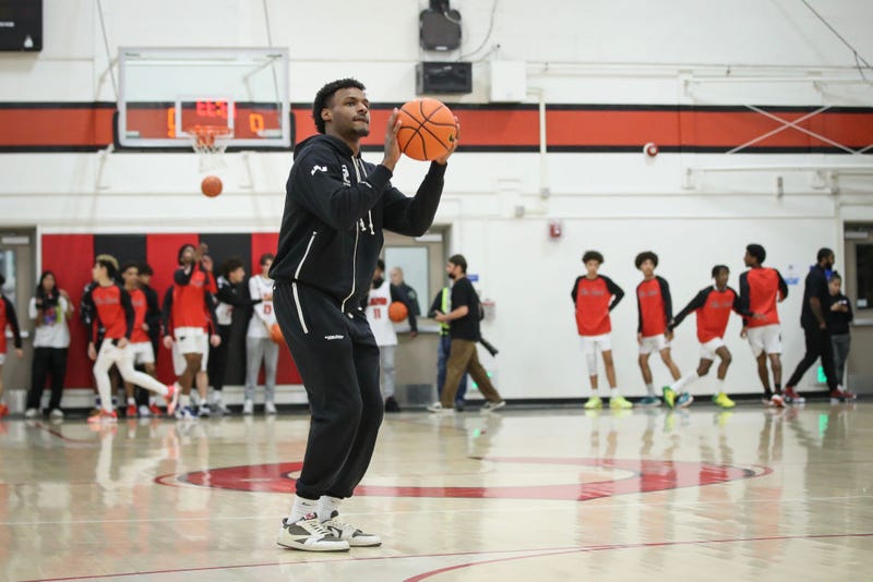 Bronny James #0 of the Sierra Canyon Trailblazers warms up before the game against the Cleveland Cavaliers at Cleveland High School on November 19, 2022 in Reseda, California.