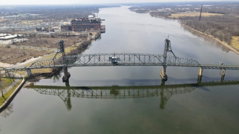 Aerial view of the Burlington-Bristol Bridge over the Delaware River between Pennsylvania and New Jersey.