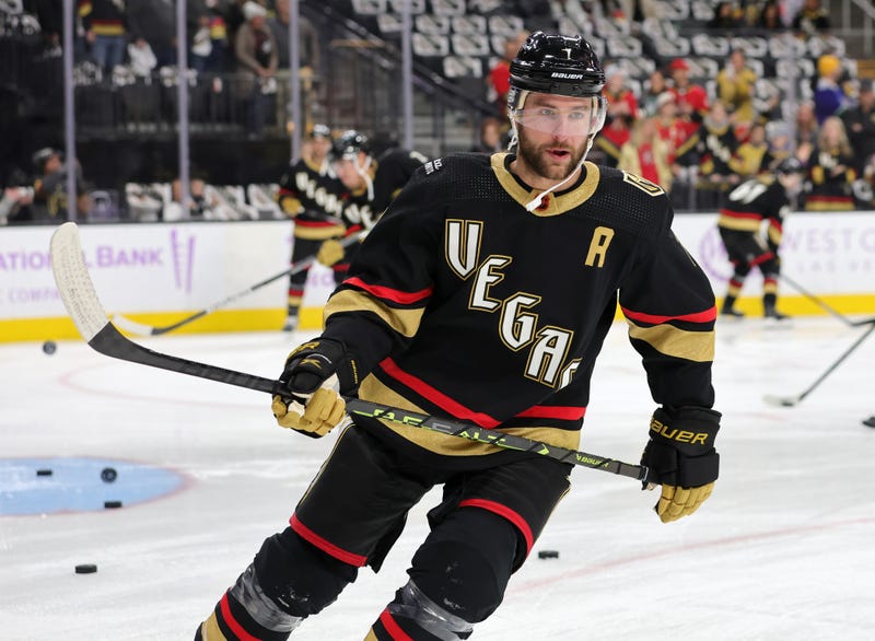  Alex Pietrangelo #7 of the Vegas Golden Knights warms up before a game against the Vancouver Canucks at T-Mobile Arena on November 26, 2022