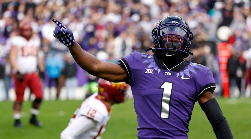 Cornerback Tre'Vius Hodges-Tomlinson #1 of the TCU Horned Frogs reacts after sacking quarterback Hunter Dekkers #12 of the Iowa State Cyclones during the first half at Amon G. Carter Stadium on November 26, 2022 in Fort Worth, Texas.