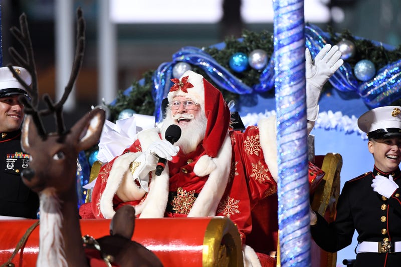 HOLLYWOOD, CALIFORNIA - NOVEMBER 27: A person dressed as Santa Claus seen during the 90th Anniversary of The Hollywood Christmas Parade supporting Marine Toys for Tots on November 27, 2022 in Hollywood, California.