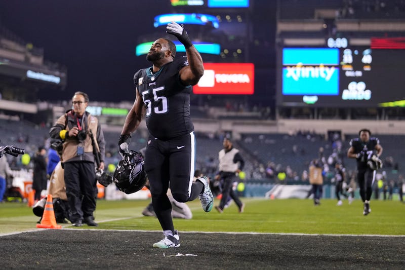 Brandon Graham, #55 of the Philadelphia Eagles, reacts after the game against the Green Bay Packers at Lincoln Financial Field on Nov. 27, 2022, in Philadelphia, Pennsylvania.