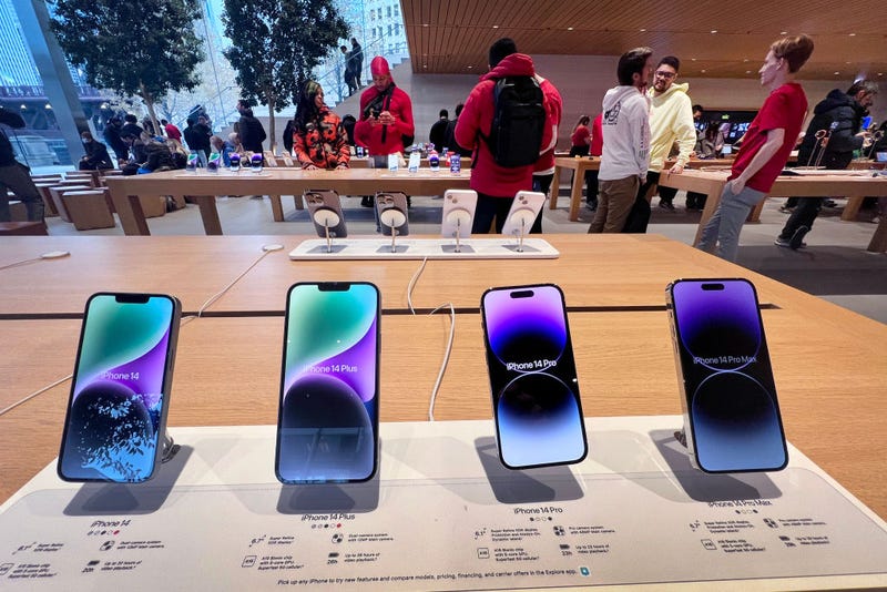 Apple iPhones are displayed at an Apple store on November 28, 2022 in Chicago, Illinois. 
