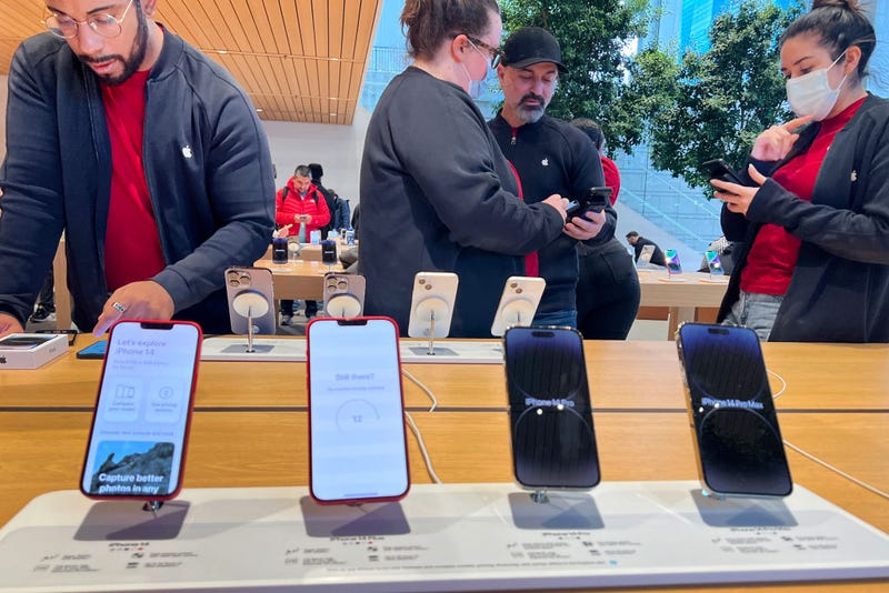 Apple iPhones are displayed at an Apple store on November 28, 2022 in Chicago, Illinois. 