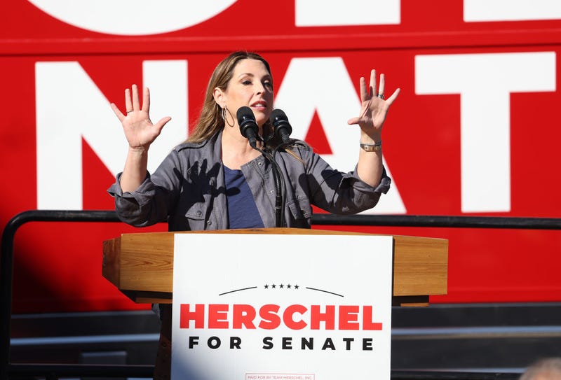 Republican National Committee Chair Ronna McDaniel speaks during a campaign rally with Georgia Republican senate candidate Herschel Walker on November 29, 2022 in Greensboro, Georgia. With seven days to go until Georgians vote in a runoff election for U.S. Senate, Herschel Walker continues to campaign across Georgia in hopes of defeating incumbent Sen. Raphael Warnock (D-GA). (Photo by Justin Sullivan/Getty Images)