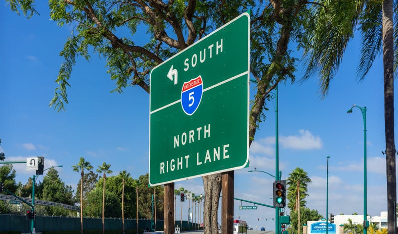 Sign of the five freeway in front of tree