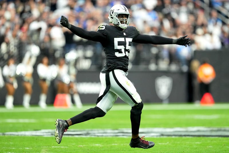 Chandler Jones #55 of the Las Vegas Raiders reacts after a tackle to force a turnover on downs in the first quarter of a game against the Los Angeles Chargers