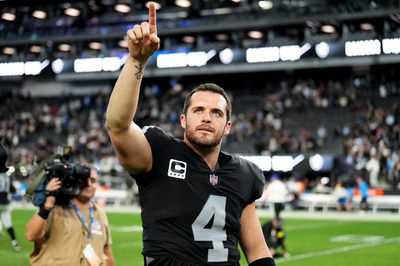 Derek Carr #4 of the Las Vegas Raiders points to the crowd after the Raiders beat Los Angeles Chargers 27-20 at Allegiant Stadium on December 04, 2022 in Las Vegas, Nevada.