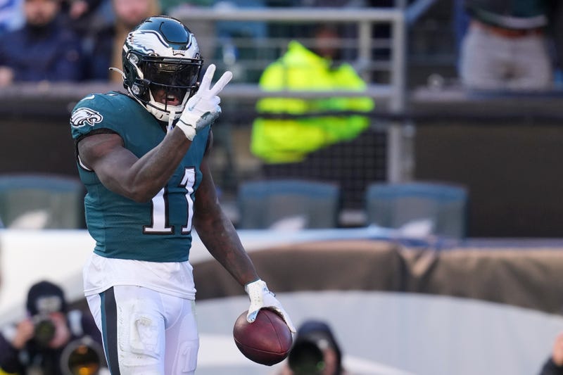 A.J. Brown of the Philadelphia Eagles reacts after scoring his second touchdown of the game against the Tennessee Titans at Lincoln Financial Field on Dec. 4, 2022 in Philadelphia.