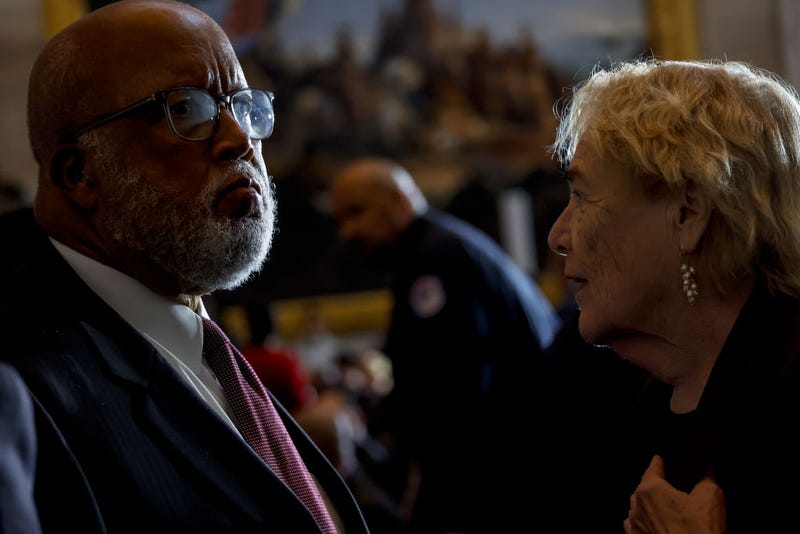 Rep. Bennie Thompson (D-MS), Chair of the House Select Committee to Investigate the January 6th Attack on the U.S. Capitol, speaks with Rep. Zoe Lofgren (D-CA) during a Congressional Gold Medal Ceremony for U.S. Capitol Police and D.C. Metropolitan Police officers in the Rotunda of the U.S. Capitol Building on December 6, 2022 in Washington, DC. 