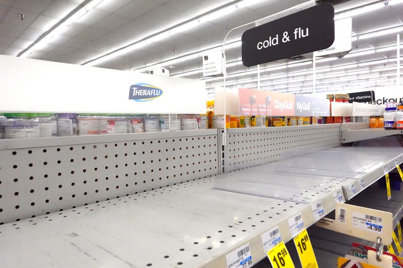 A cold and flu medicine shelf is empty at a pharmacy on Dec. 6, 2022