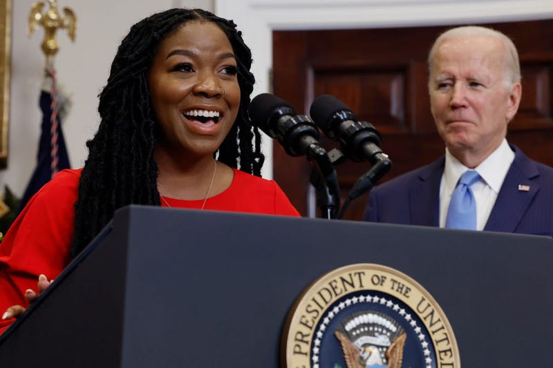 Cherelle Griner (L), wife of Olympian and WNBA player Brittney Griner, speaks after U.S. President Joe Biden announced her release from Russian custody, at the White House on December 08, 2022 in Washington, DC.