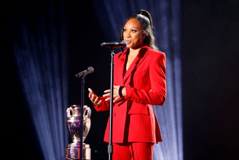 Allyson Felix accepts the 2022 Muhammad Ali Legacy award onstage during the 2022 Sports Illustrated Sportsperson of the Year Awards presented by Chase at The Regency Ballroom on December 08, 2022 in San Francisco, California.