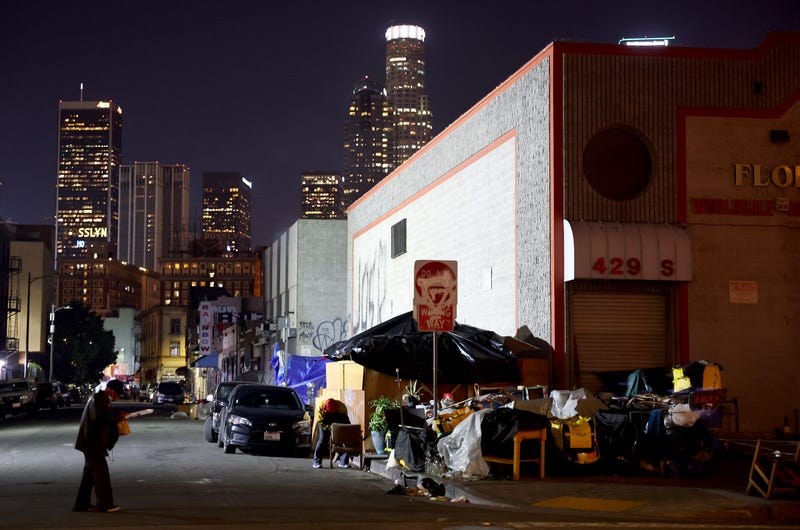 A homeless encampment lines a sidewalk in the Skid Row community on December 14, 2022 in Los Angeles, California. 
