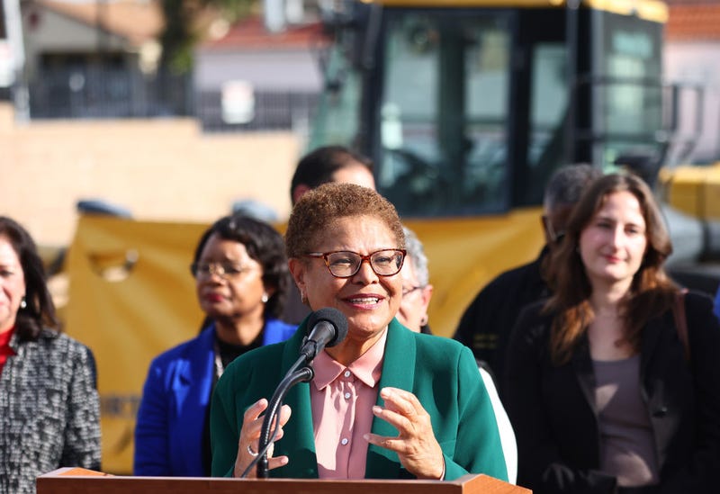 Los Angeles Mayor Karen Bass speaks at the podium at the Lorena Plaza affordable housing project construction site where she signed an affordable housing executive directive on December 16, 2022 in Los Angeles, California. The directive aims to 'dramatically accelerate and lower the cost of building affordable housing and shelter in Los Angeles' amid a housing and homelessness crisis in the city. (Photo by Mario Tama/Getty Images)