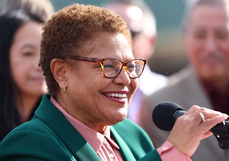 Los Angeles Mayor Karen Bass stands at the podium at the Lorena Plaza affordable housing project site where she signed an affordable housing executive directive on December 16, 2022 in Los Angeles, California.