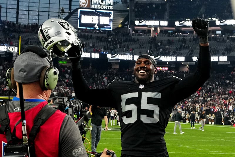 Chandler Jones #55 of the Las Vegas Raiders celebrates after a game against the New England Patriots at Allegiant Stadium on December 18, 2022