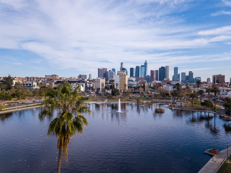 Aerial views of MacArthur Park in Los Angeles, California. 