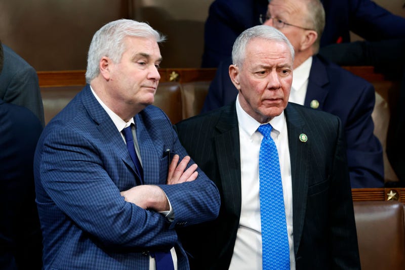 U.S. Rep.-elect Tom Emmer (R-MN) (L) talks to Rep.-elect Ken Buck (R-CO) in the House Chambers on the second day of elections for Speaker of the House at the U.S. Capitol Building on January 04, 2023 in Washington, DC. 