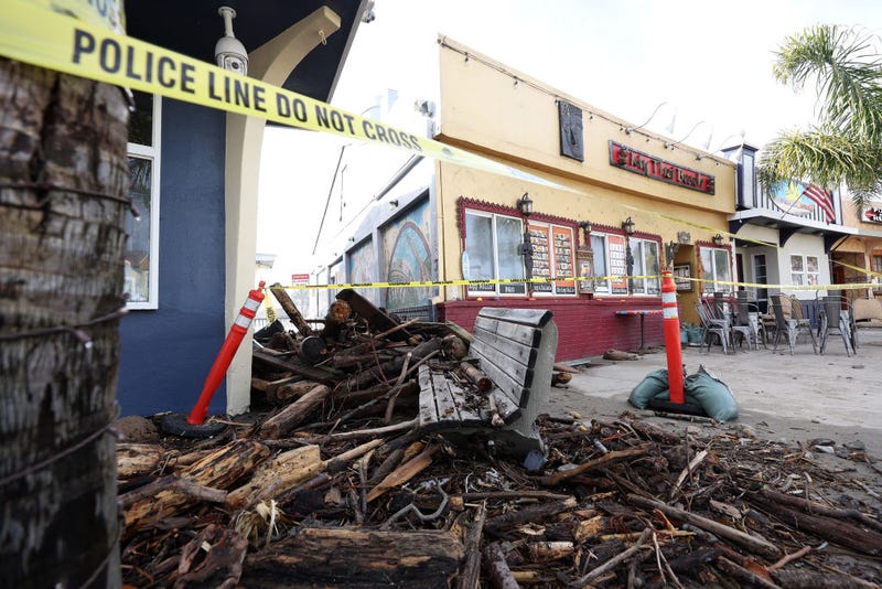 Debris is seen piled up in front of a restaurant following a massive storm that hit the area on January 06, 2023 in Capitola, California. 