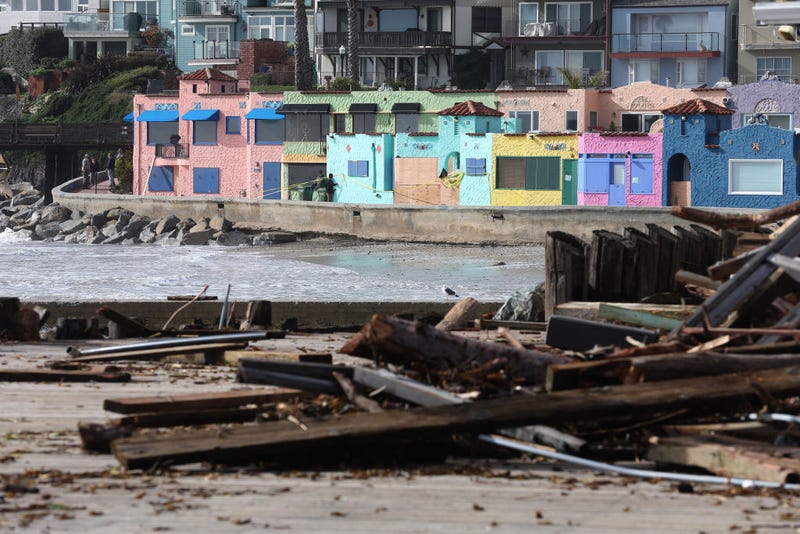 Debris is seen scattered on a deck outside of a restaurant following a massive storm that hit the area on January 06, 2023 in Capitola, California. 