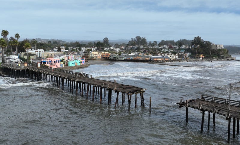 In an aerial view, damage is visible on the Capitola Wharf following a powerful winter storm on January 06, 2023 in Capitola, California. 