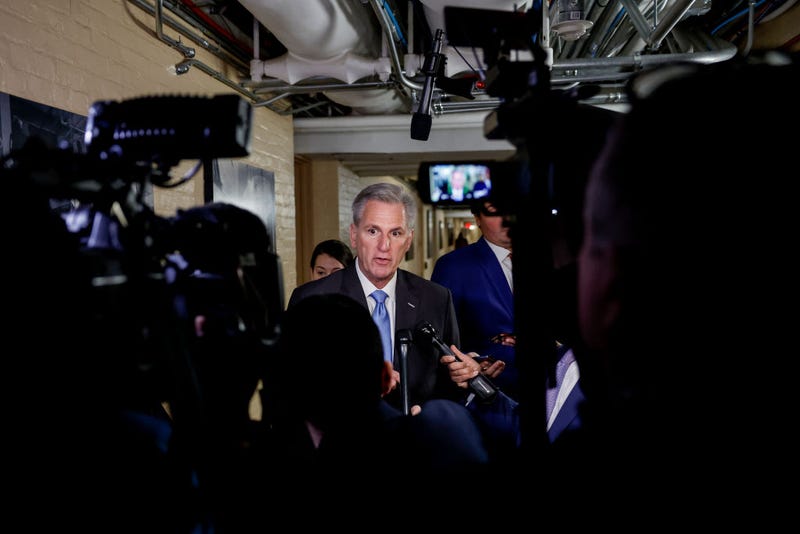  U.S. Speaker of the House Kevin McCarthy (R-CA) speaks to reporters as he arrives to a meeting with the House Republican Steering Committee at the U.S. Capitol Building on January 11, 2023 in Washington, DC. McCarthy spoke to reporters about classified documents found inside an office used by U.S. President Joe Biden after his time as vice president and committee assignments for Rep. George Santos (R-NY). (Photo by Anna Moneymaker/Getty Images)