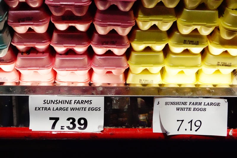 egg cartons sitting on store shelves. one price tag reads $7.39 and the other reads $7.19