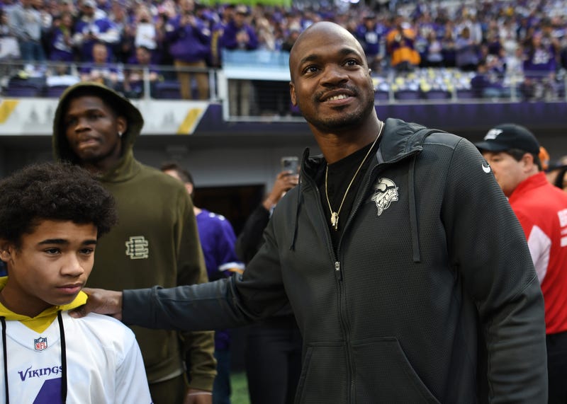 Adrian Peterson is seen on the field prior to the NFC Wild Card playoff game between the New York Giants and the Minnesota Vikings at U.S. Bank Stadium on January 15, 2023 in Minneapolis, Minnesota.
