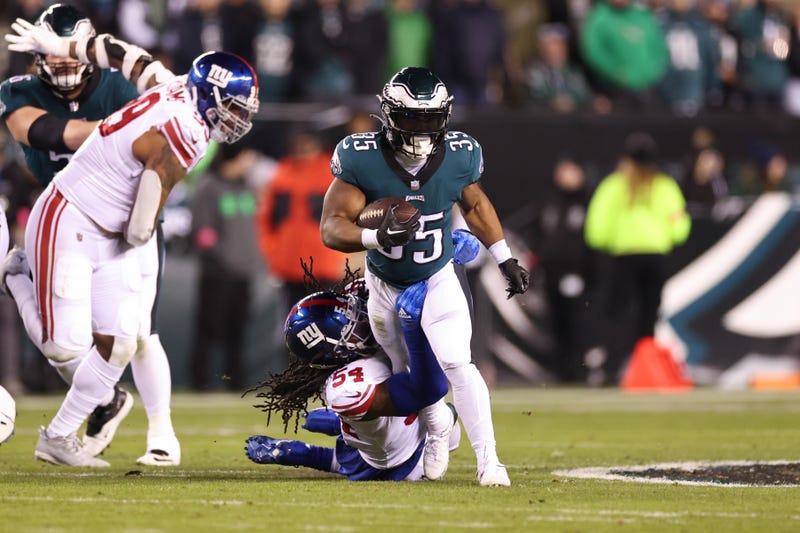 Boston Scott of the Philadelphia Eagles carries the ball against the New York Giants during the second quarter in the NFC Divisional Playoff game at Lincoln Financial Field on Jan. 21, 2023 in Philadelphia, Pennsylvania.