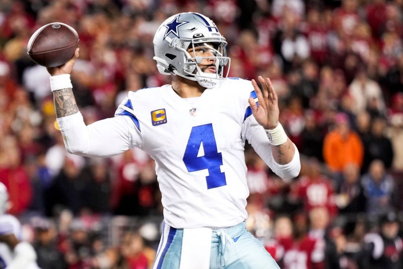 Dak Prescott #4 of the Dallas Cowboys throws a pass against the San Francisco 49ers during the fourth quarter in the NFC Divisional Playoff game at Levi's Stadium on January 22, 2023 in Santa Clara, California.