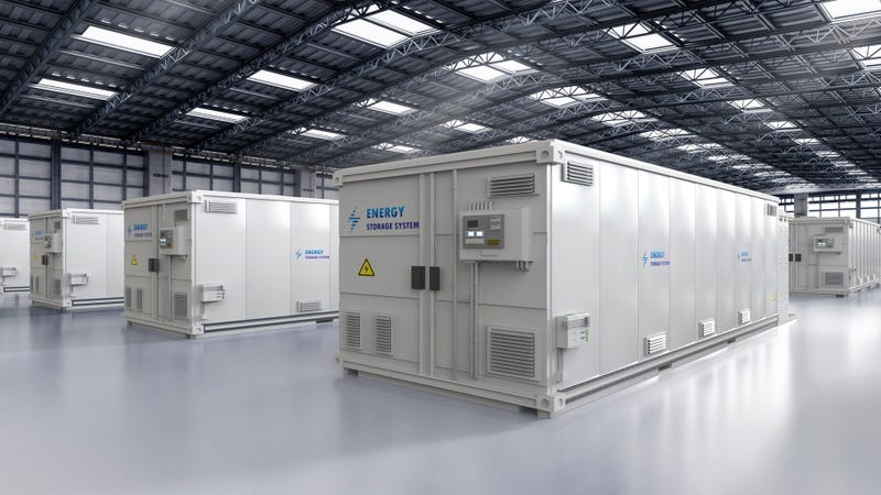 Energy storage systems or battery container units in factory - stock photo