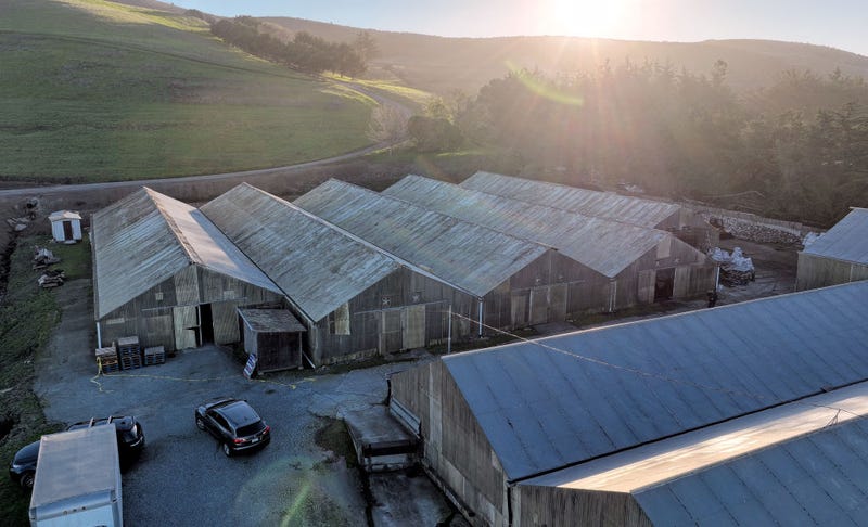In an aerial view, greenhouses are seen at a farm where a mass shooting occurred on January 24, 2023 in Half Moon Bay, California.