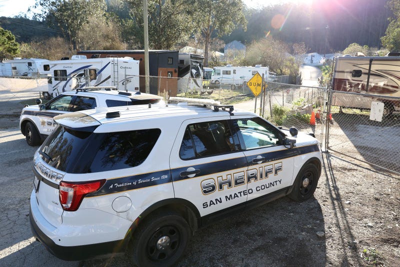 San Mateo County sheriff vehicles block the entrance to a farm where a mass shooting occurred on January 24, 2023 in Half Moon Bay, California.