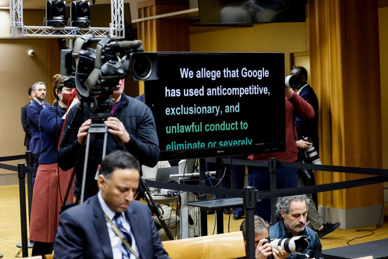 A television displays U.S. Attorney General Merrick Garland's remarks during a news conference at the Justice Department to announce a new antitrust lawsuit against Google on January 24, 2023 in Washington, DC. The Justice Department and states including California, New York, Colorado and Virginia, have filed a lawsuit against Google over the company's monopolization of the market for online ads. (Photo by Anna Moneymaker/Getty Images)