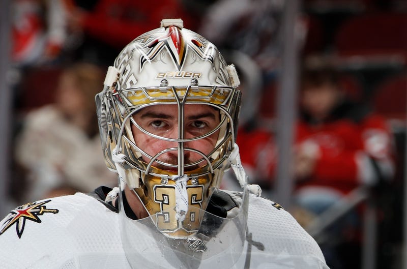  Logan Thompson #36 of the Vegas Golden Knights takes a break during the game against the New Jersey Devils