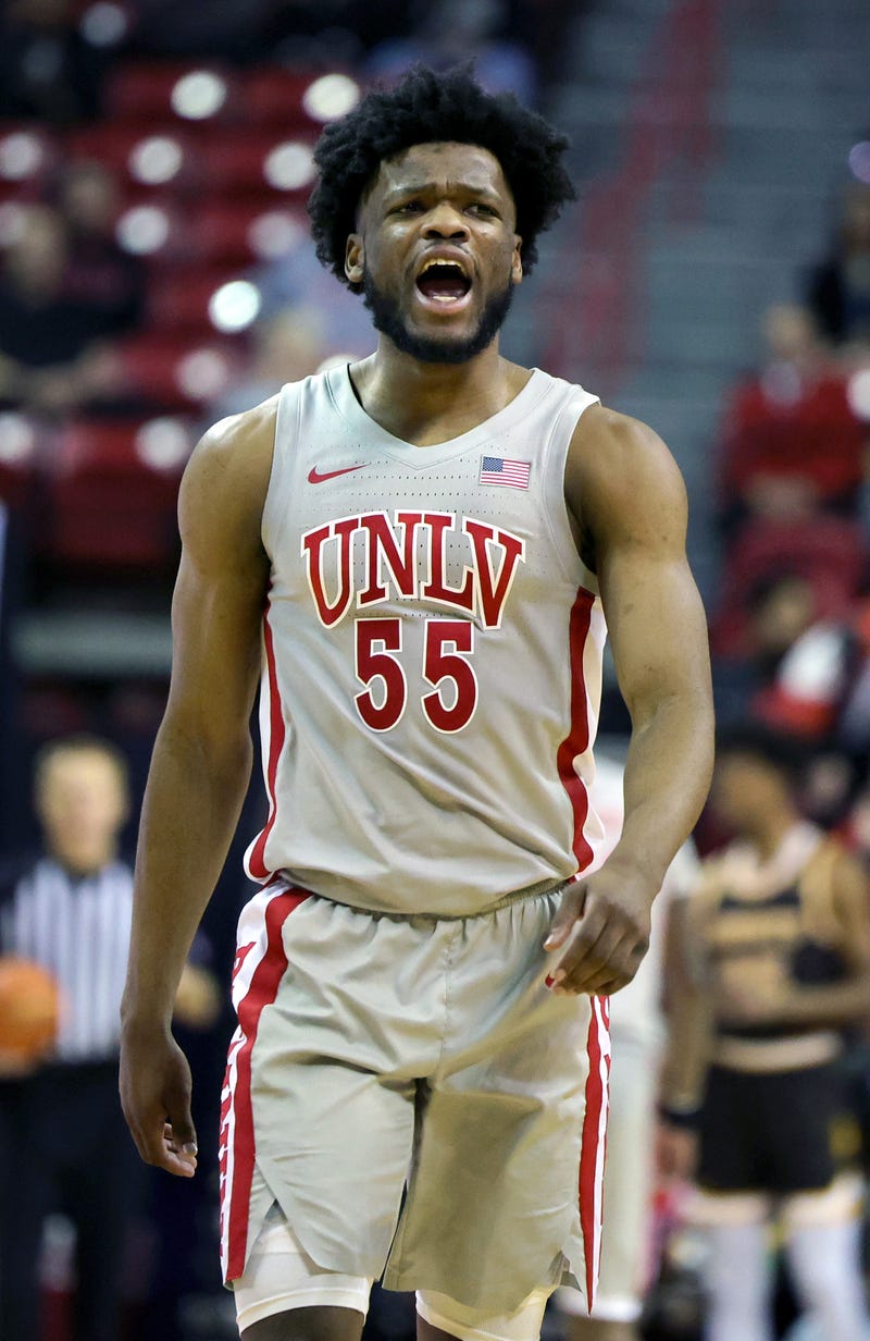 EJ Harkless #55 of the UNLV Rebels calls out to teammates in the second half of a game against the Wyoming Cowboys at the Thomas & Mack Center on January 24, 2023 