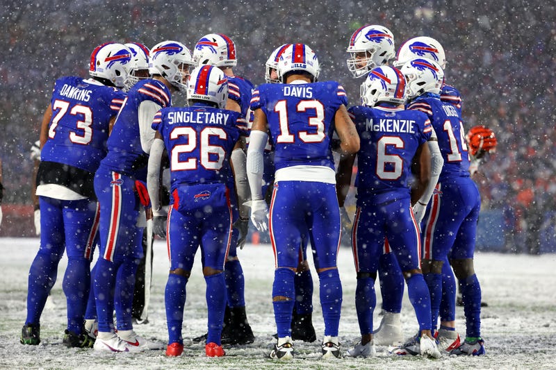 Buffalo Bills players huddle during their playoff game against the Cincinnati Bengals in January 2023.