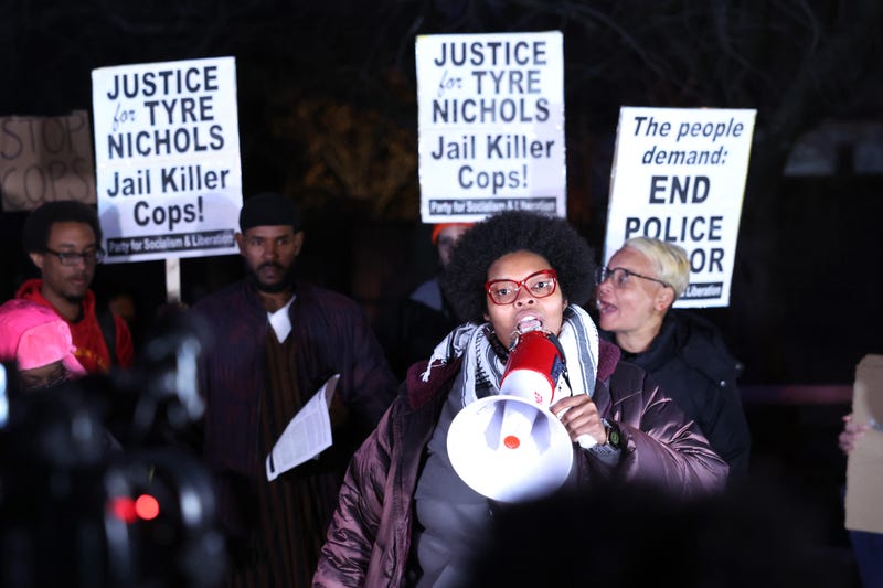 Demonstrators protest the death of Tyre Nichols on January 27, 2023 in Memphis, Tennessee.